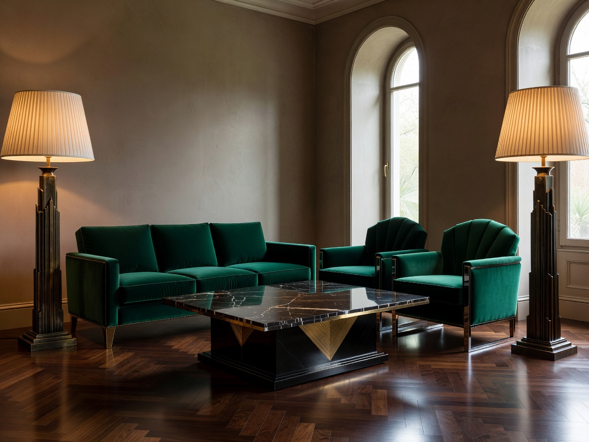 Architectural living room with curated Art Deco furniture and antique lamps