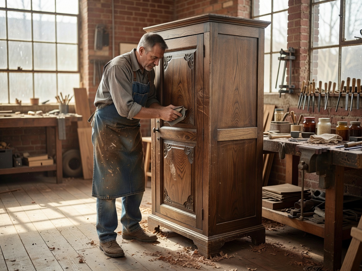 Craftsman carefully restoring a vintage solid walnut cabinet in a brightly lit studio