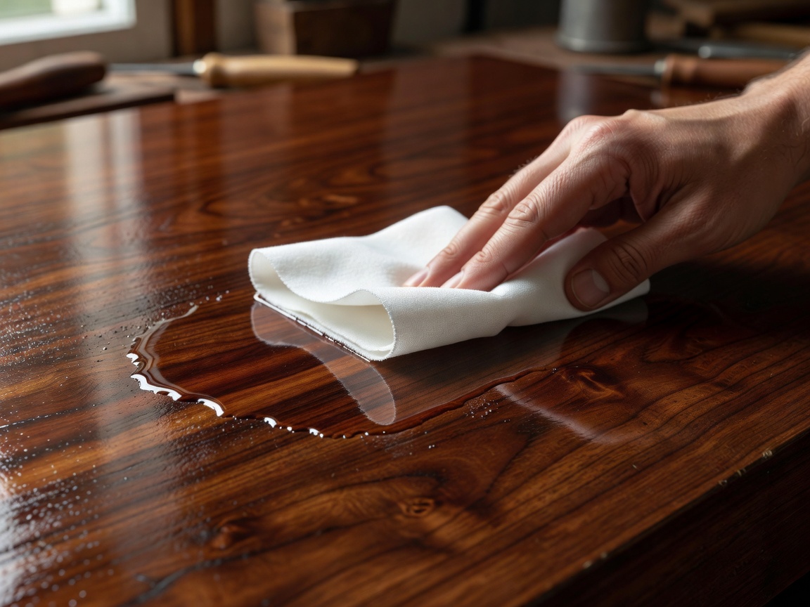 French polishing technique on a vintage mahogany dining table surface