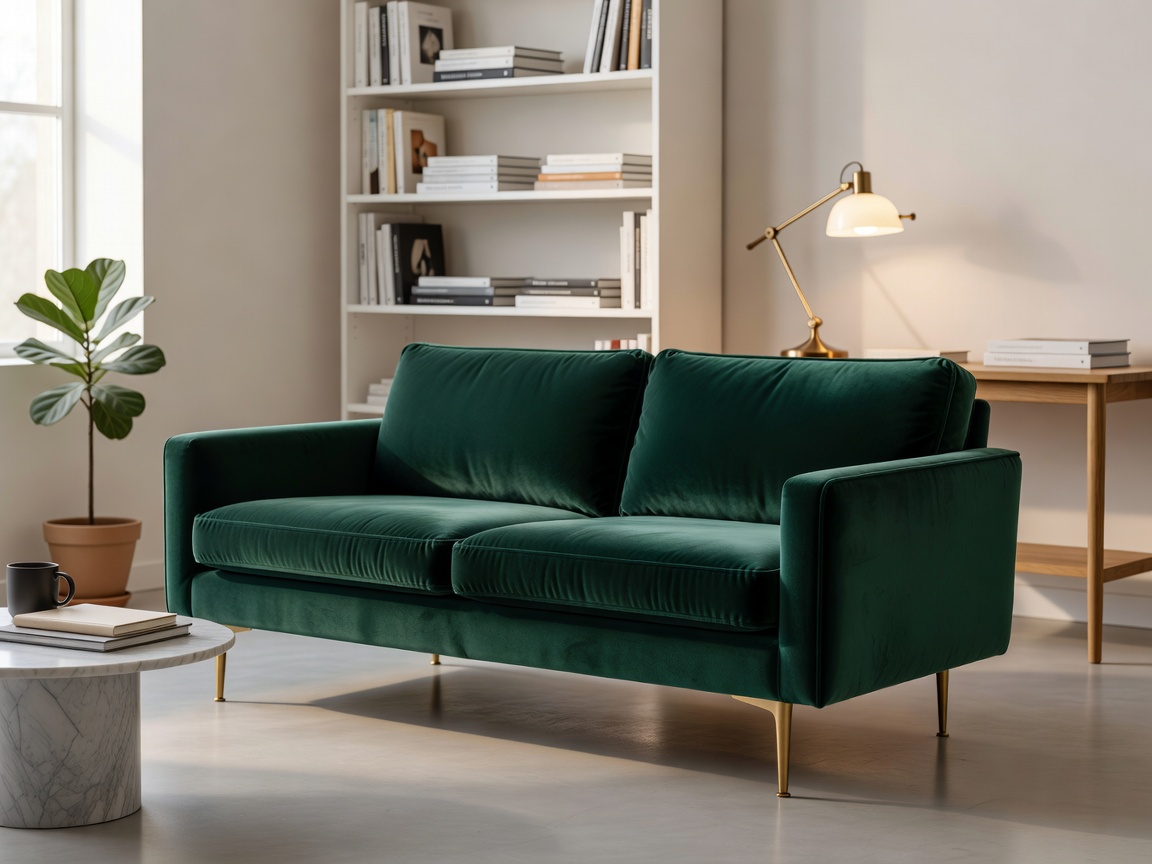 Green velvet restored sofa with brass legs in editorial room setup