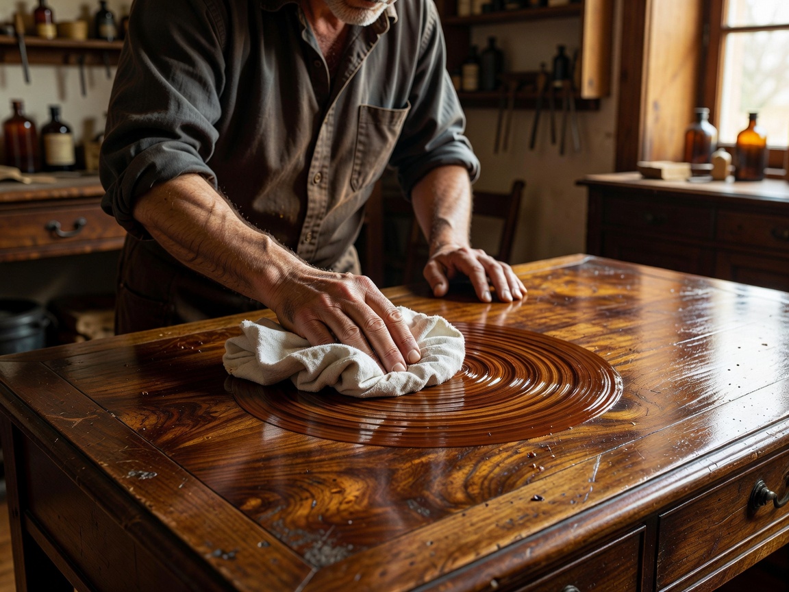 Master French polisher working a circular pattern on an antique wooden desk top with cotton rubber cloth