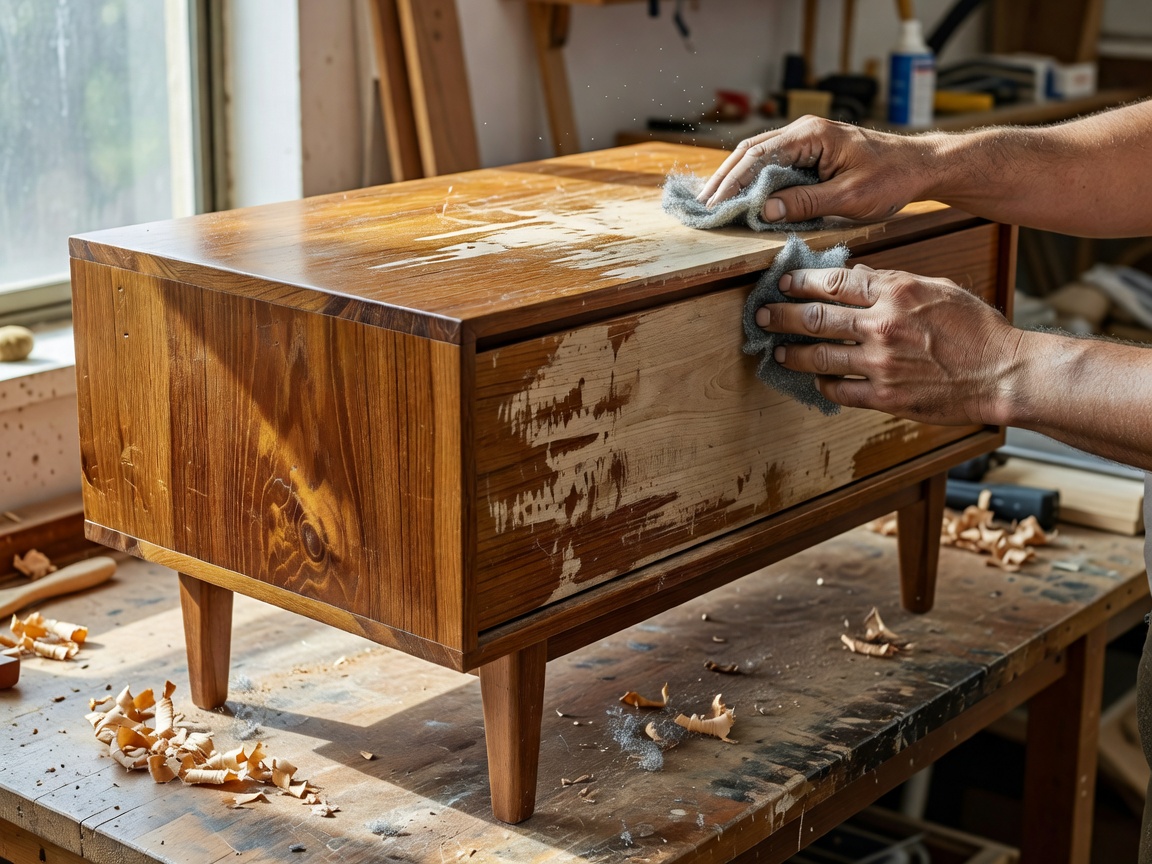 Mid-century modern teak side cabinet undergoing varnish stripping with fine steel wool