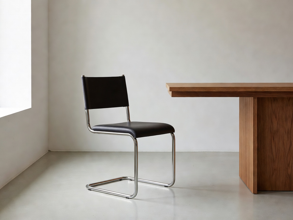 Minimalist cantilever chair and wooden desk setup in a light filled room reflecting Bauhaus geometry