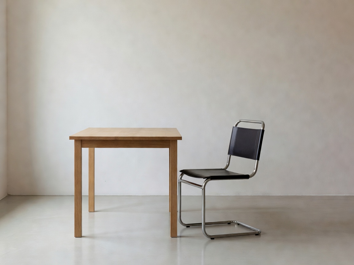 Minimalist interior displaying Bauhaus metal tube chair and wooden desk